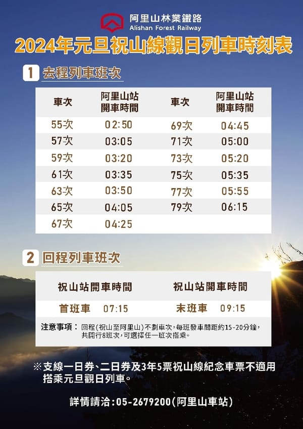 為迎接元旦第一道曙光旅客 阿里山林鐵觀日列車自12月11日起開始預售