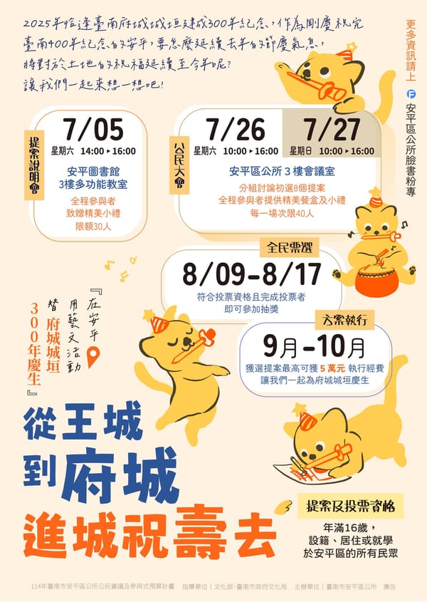 (microphone)《從王城到府城：進城祝壽去》公民參與提案說明會，邀您一起為府城城垣建成300年慶祝活動進行腦力激盪！